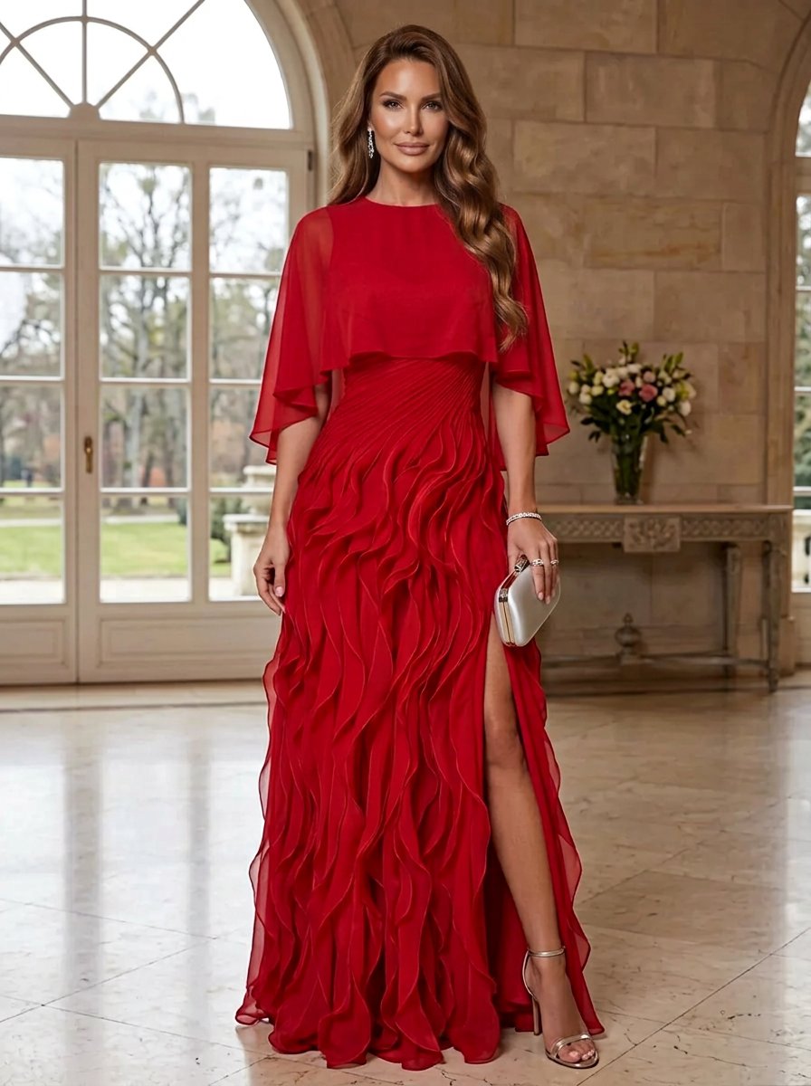 Red Chiffon Round Neck Short Sleeve Ruffle Slit A-Line Maxi Dress