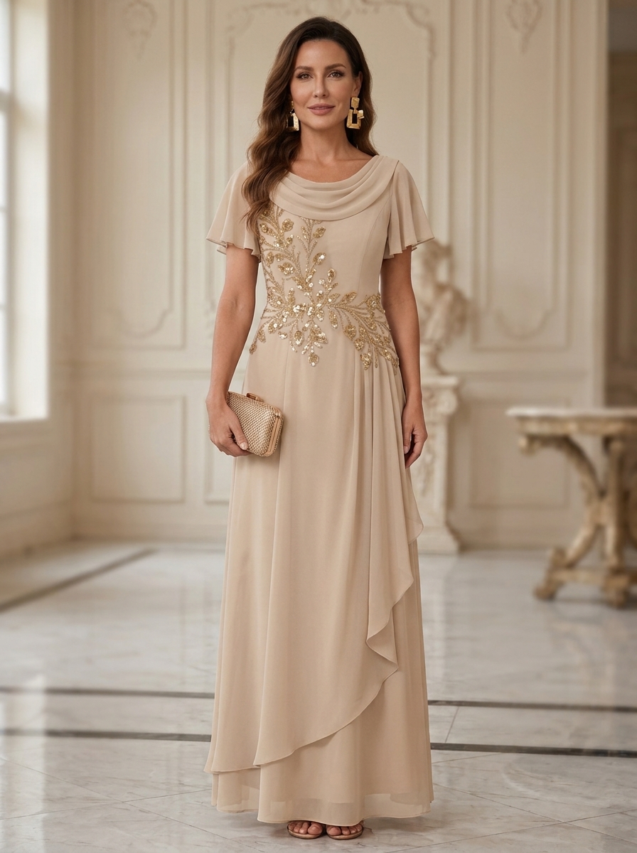 Ivory Chiffon Cowl Neck Short Sleeve Embroidered A-Line Maxi Dress