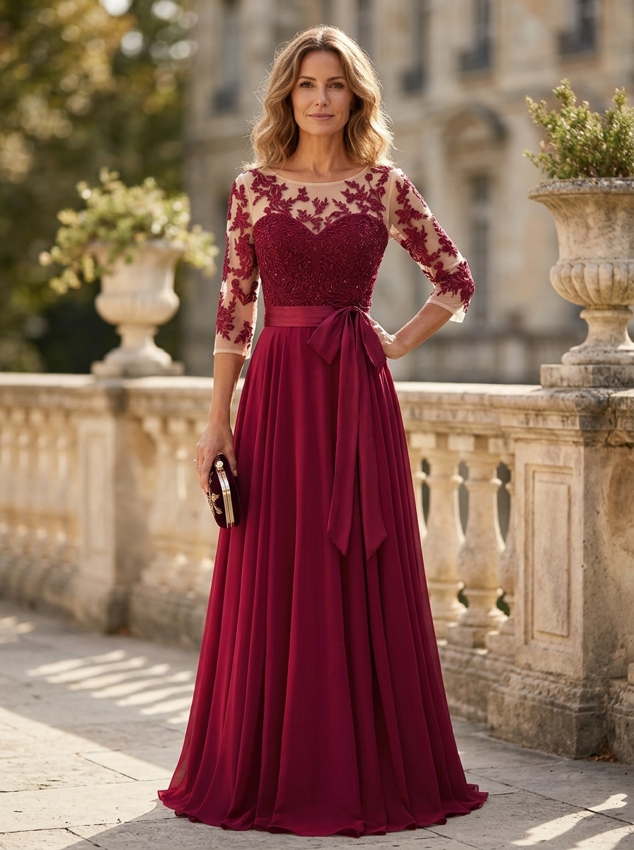 Burgundy Sweetheart Lace Mesh 3/4 Sleeve Satin Belt Chiffon Maxi Dress