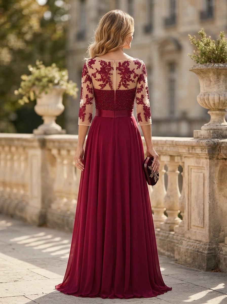 Burgundy Sweetheart Lace Mesh 3/4 Sleeve Satin Belt Chiffon Maxi Dress