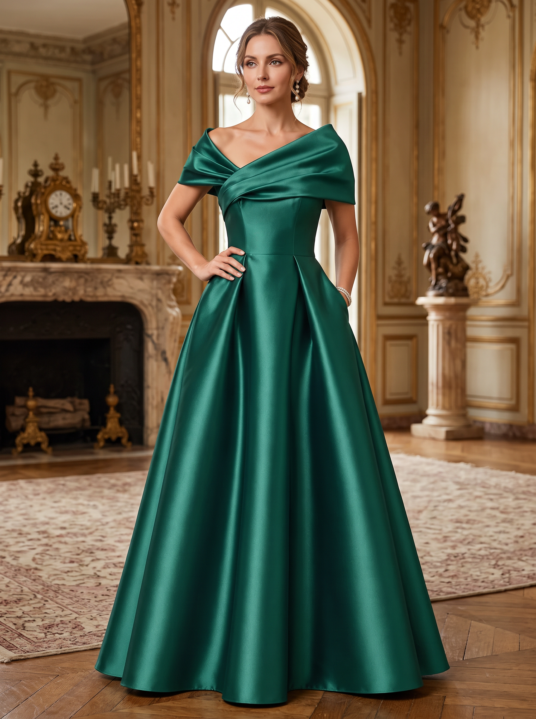 Dark Green Satin Off Shoulder Ruched Backless A-Line Maxi Dress