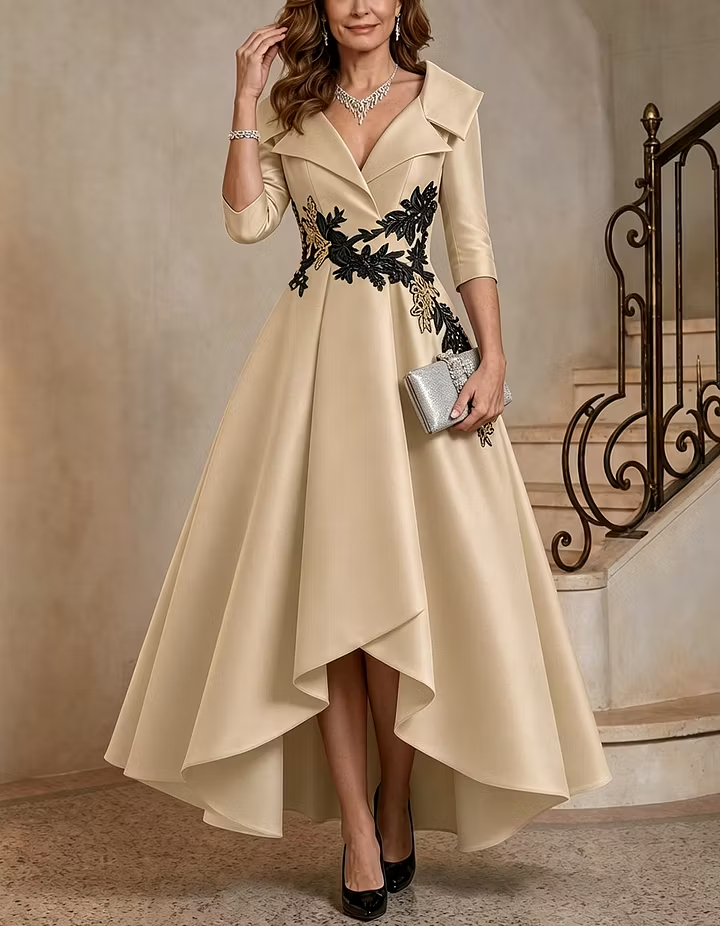 Black Satin V Neck 3/4 Sleeve Lapel High Low Maxi Dress
