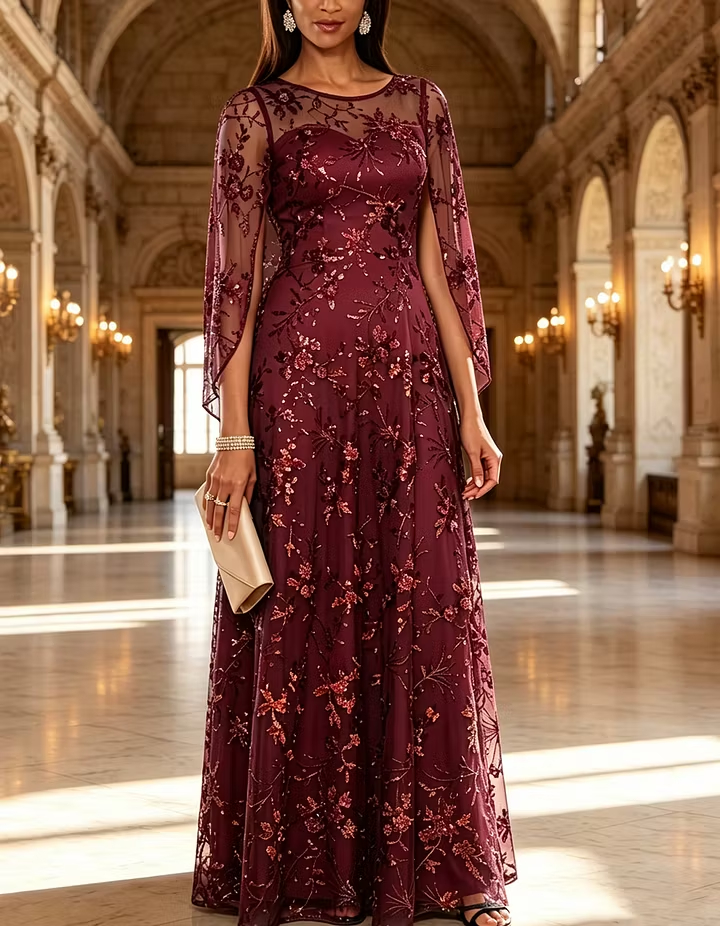 Navy Blue Round Neck Sheer Sleeve Sequin Floral A-Line Maxi Dress