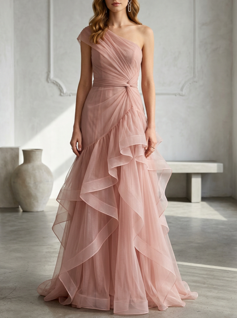 Dusty Pink Tulle One-Shoulder Floor-Length Gown Dress
