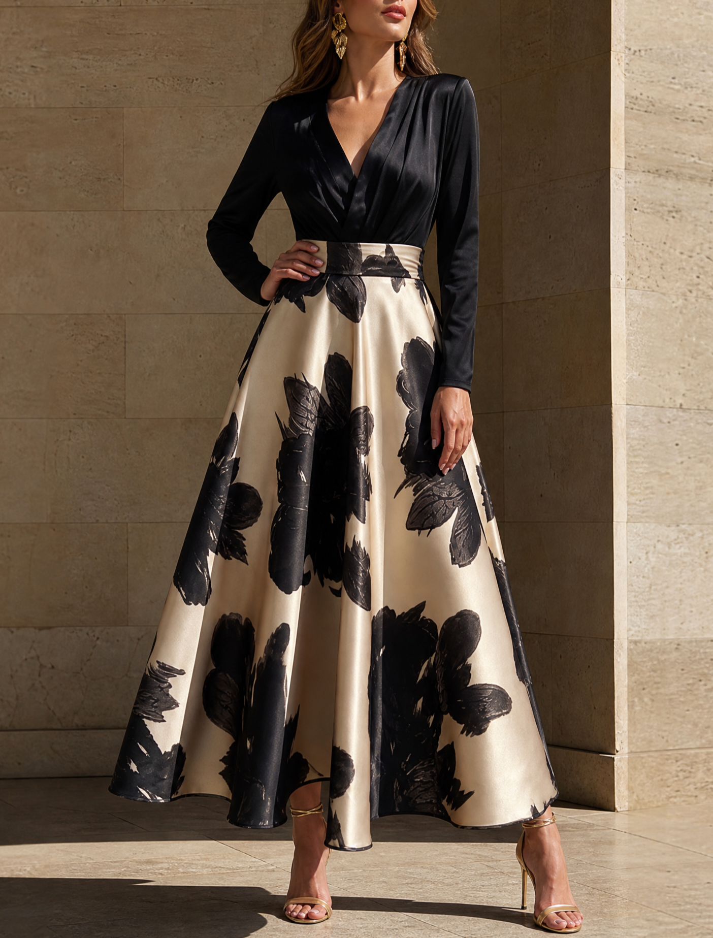 Black Floral Long-Sleeve Satin V-Neck A-Line Maxi Evening Gown Dress