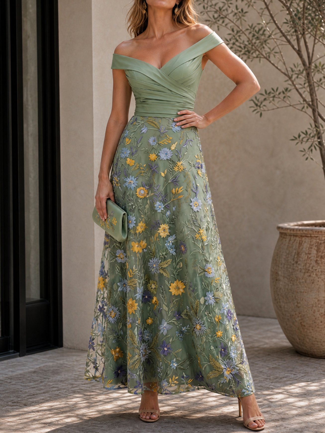 Sage Green Off-the-Shoulder Floral Embroidered A-Line Maxi Evening Gown Dress