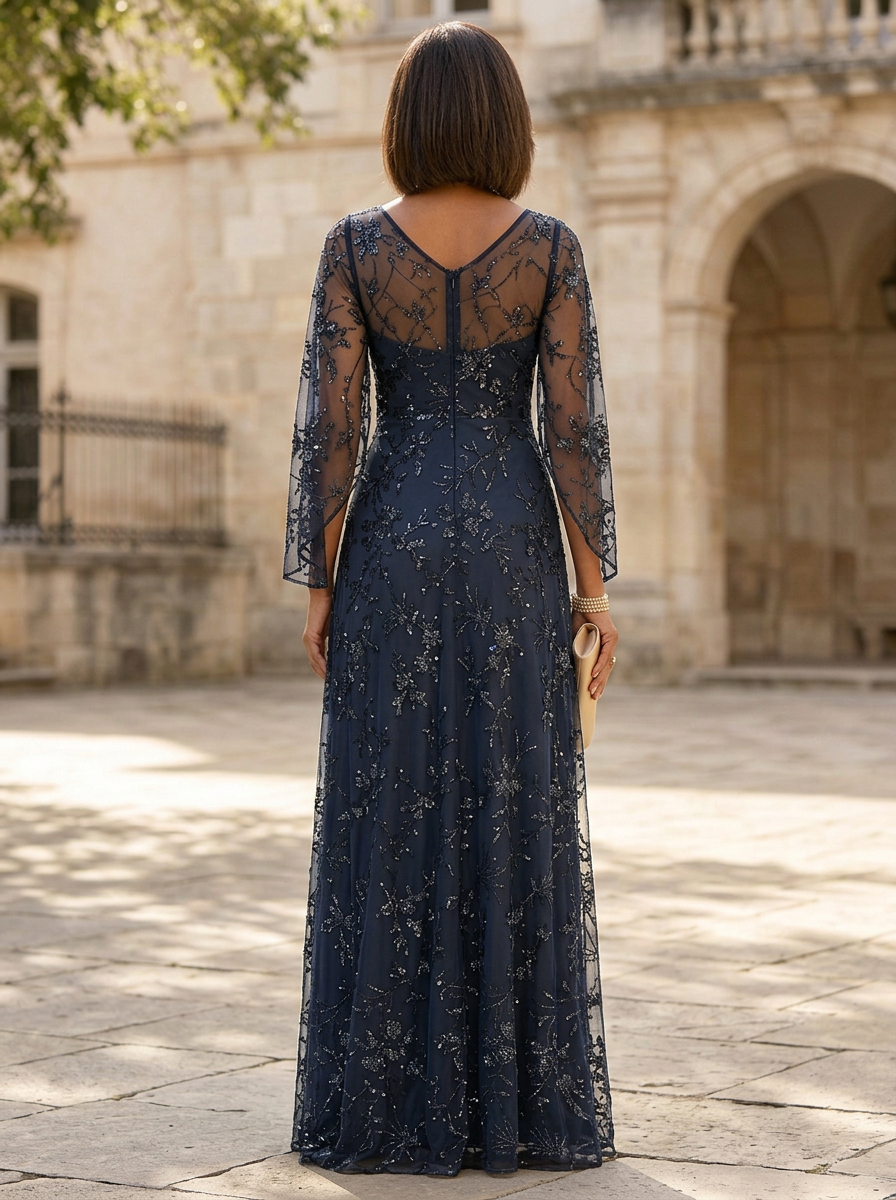 Navy Blue Round Neck Sheer Sleeve Sequin Floral A-Line Maxi Dress