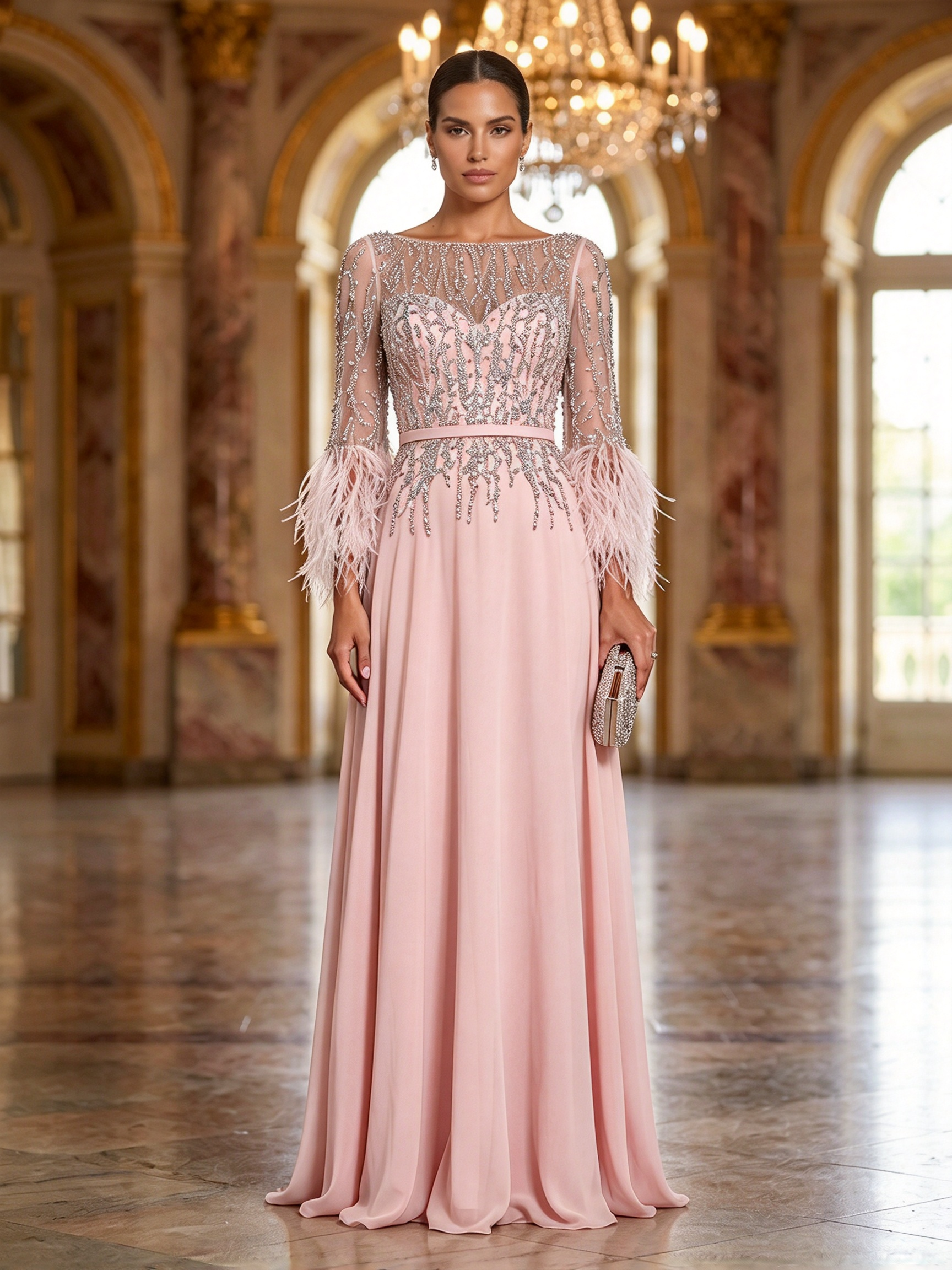 Light Blue Beaded Long Sleeve Feather Trim Maxi Dress