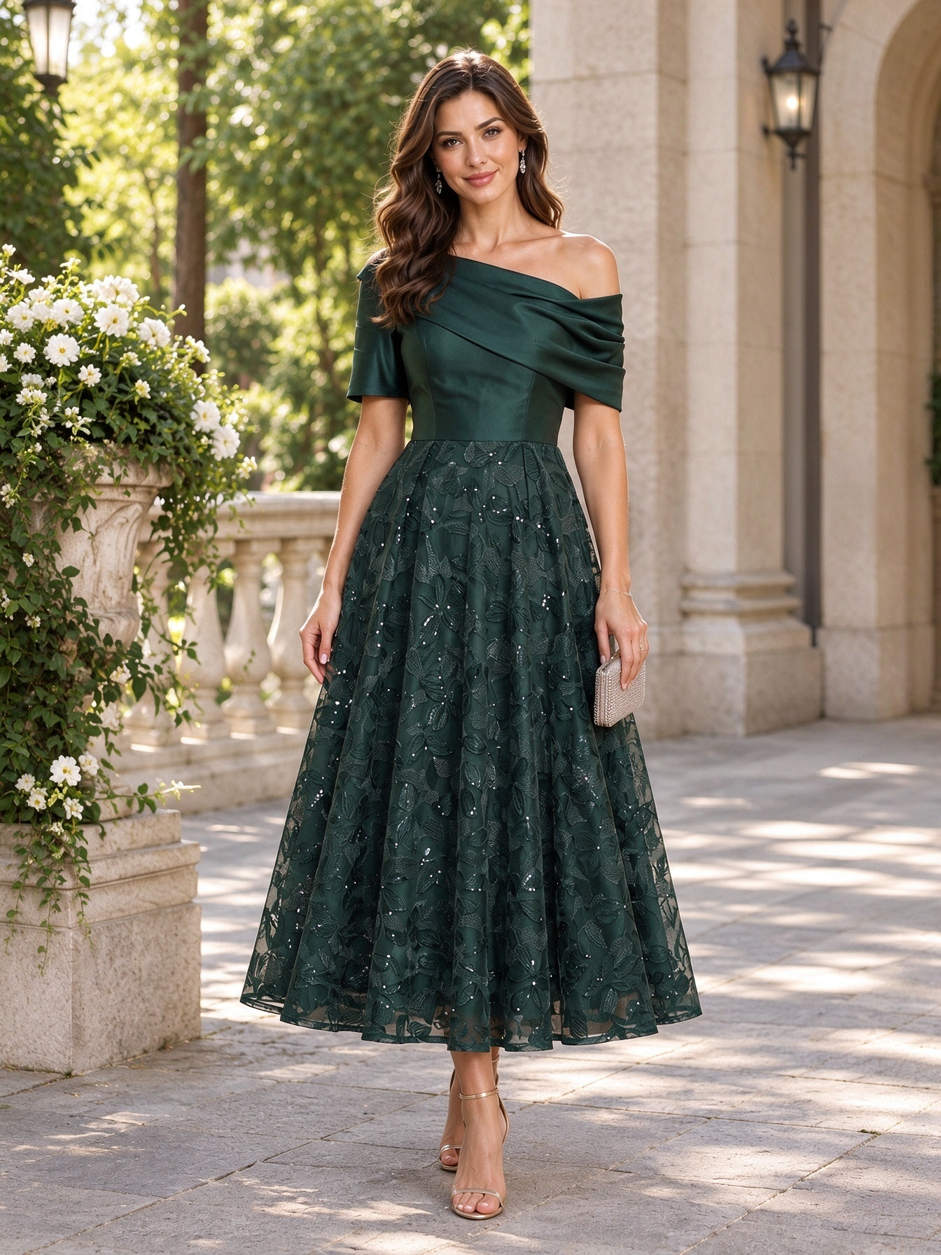 Emerald Green One Shoulder Satin Lace Sequin Maxi Dress