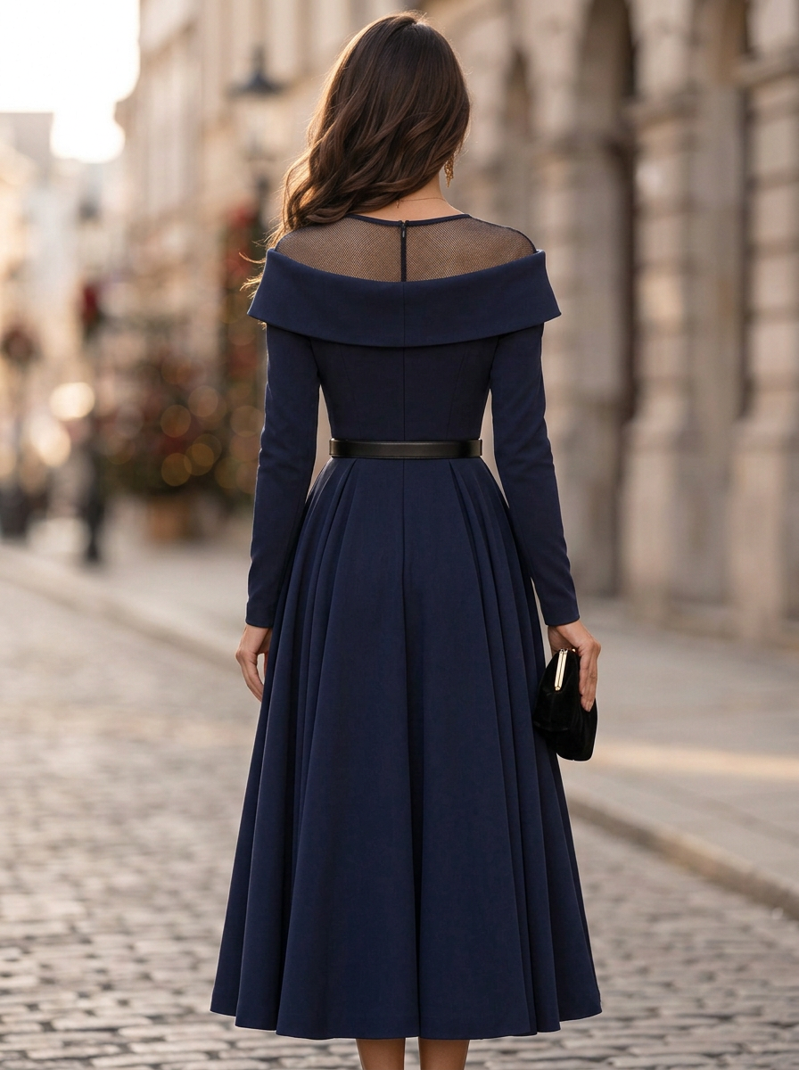 Navy Off Shoulder Long Sleeve Waist Belt A-Line Midi Dress