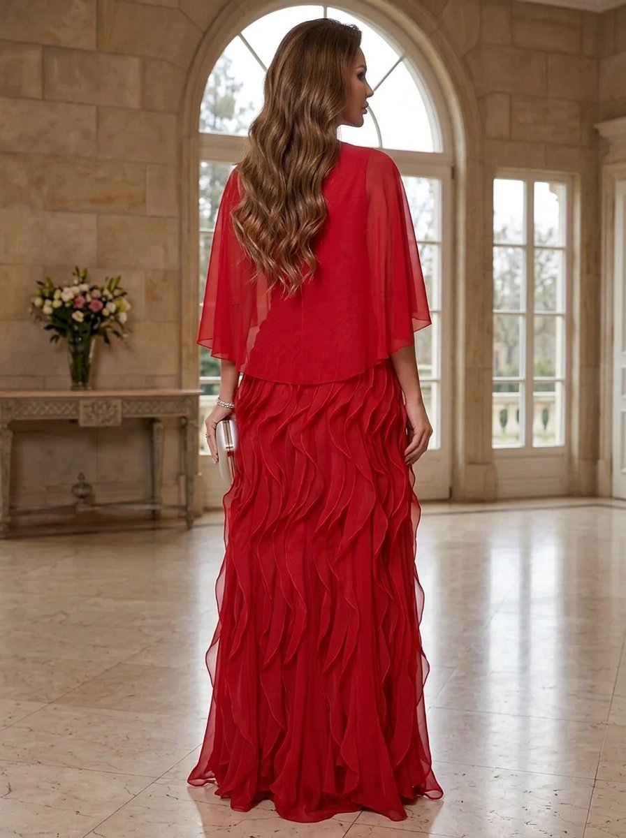 Red Chiffon Round Neck Short Sleeve Ruffle Slit A-Line Maxi Dress