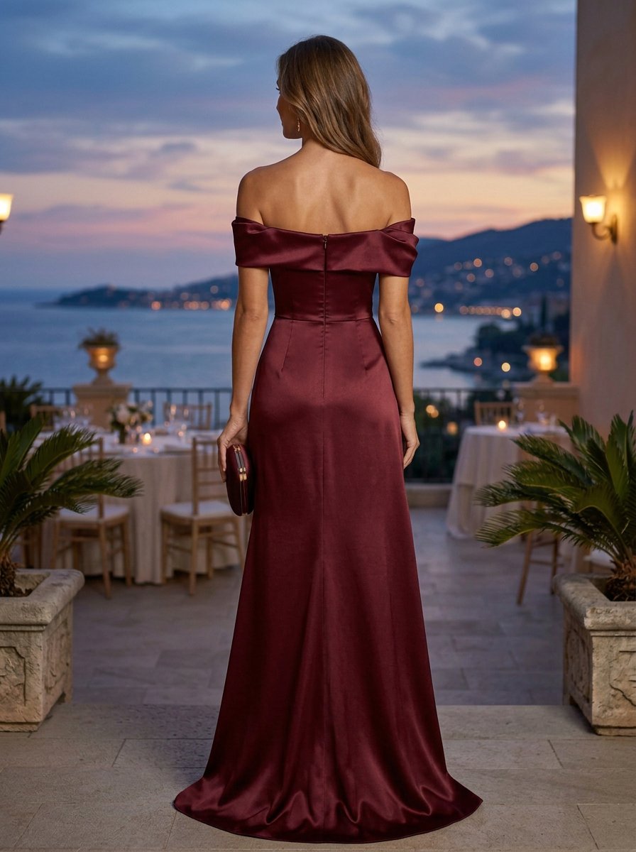 Burgundy Satin Off Shoulder Beaded Slit A-Line Maxi Dress