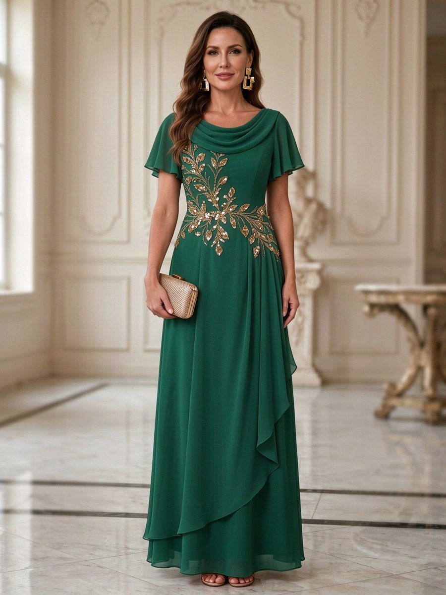 Ivory Chiffon Cowl Neck Short Sleeve Embroidered A-Line Maxi Dress