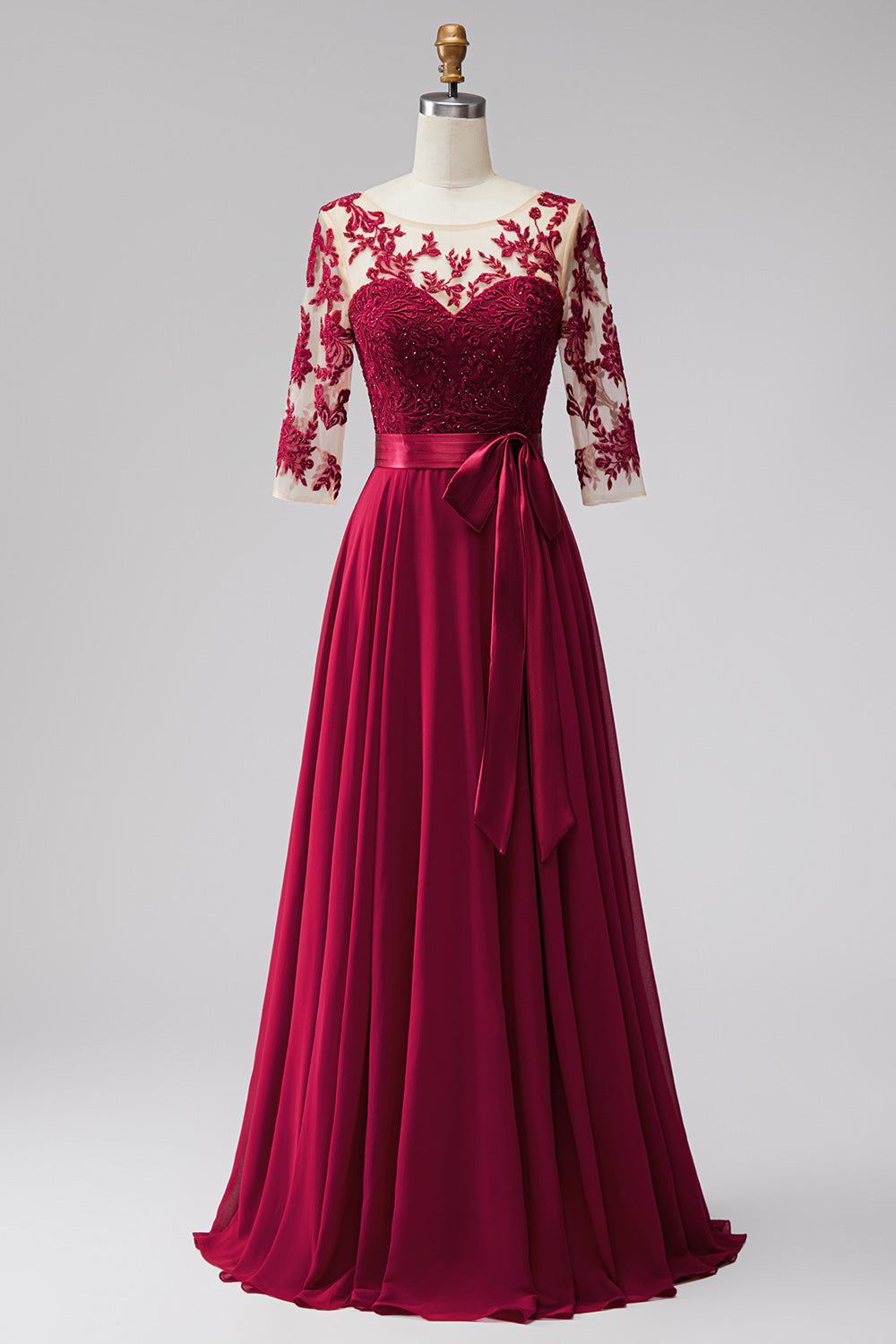 Burgundy Sweetheart Lace Mesh 3/4 Sleeve Satin Belt Chiffon Maxi Dress