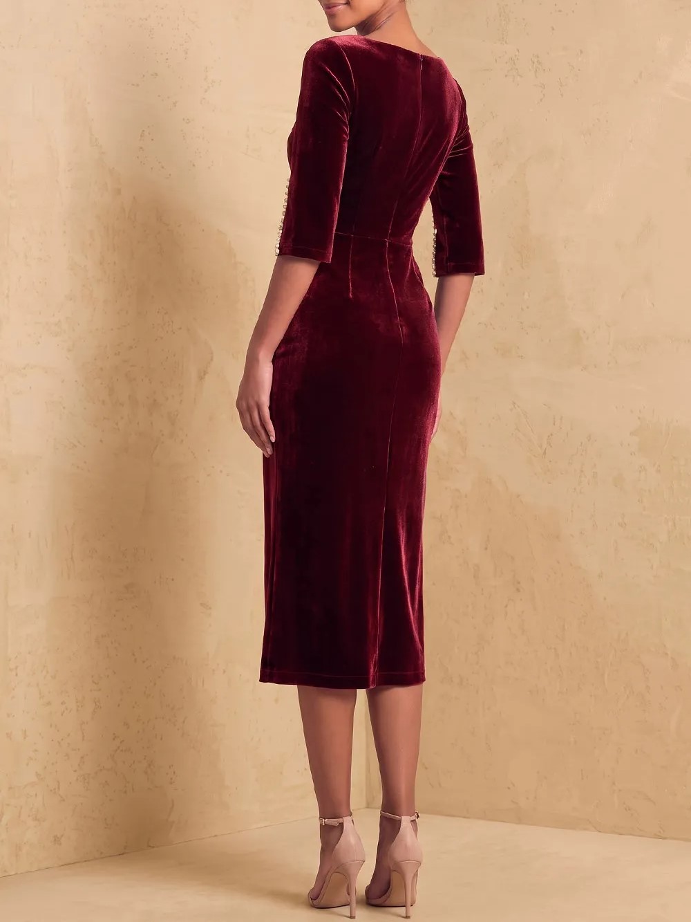 Burgundy Velvet Boat Neck Pearl Trimmed Tea-Length Midi Dress