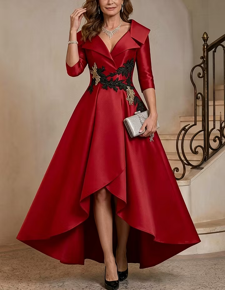 Black Satin V Neck 3/4 Sleeve Lapel High Low Maxi Dress
