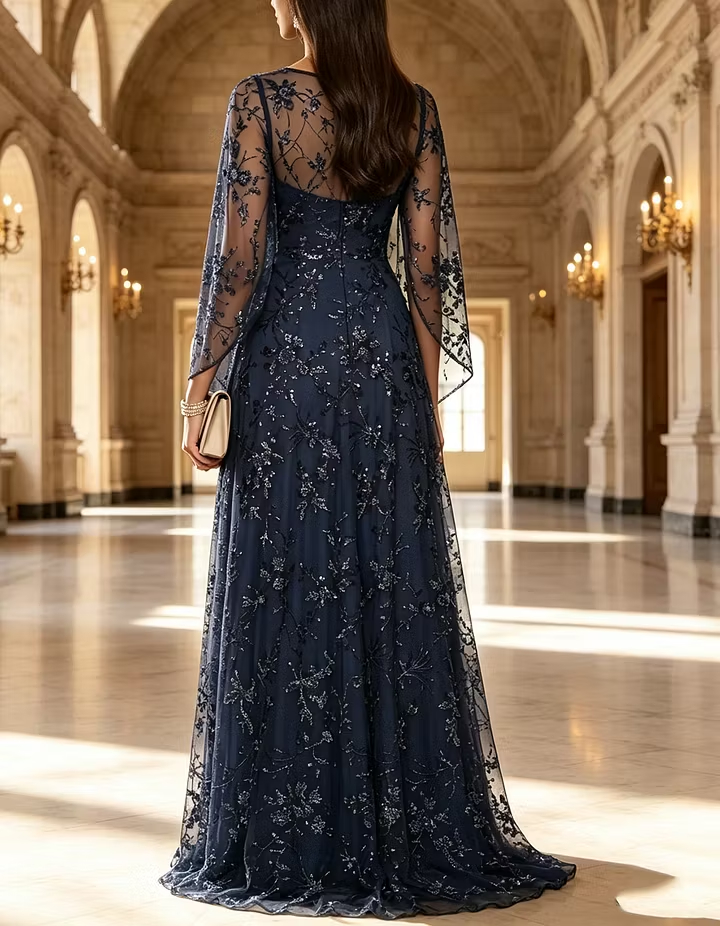 Navy Blue Round Neck Sheer Sleeve Sequin Floral A-Line Maxi Dress