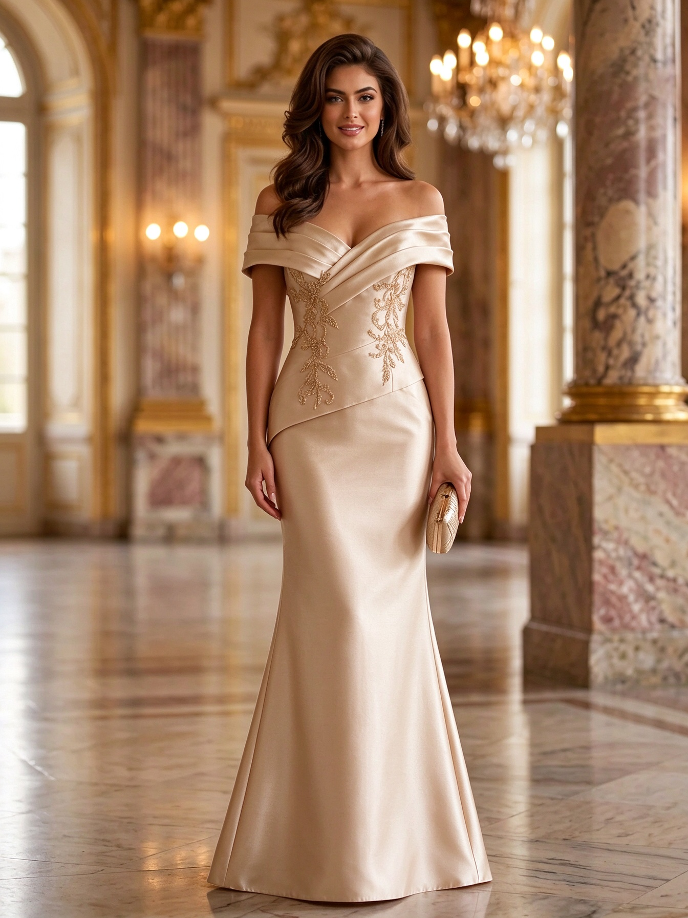 Dusty Rose Off Shoulder Gold Embroidery Mermaid Maxi Dress