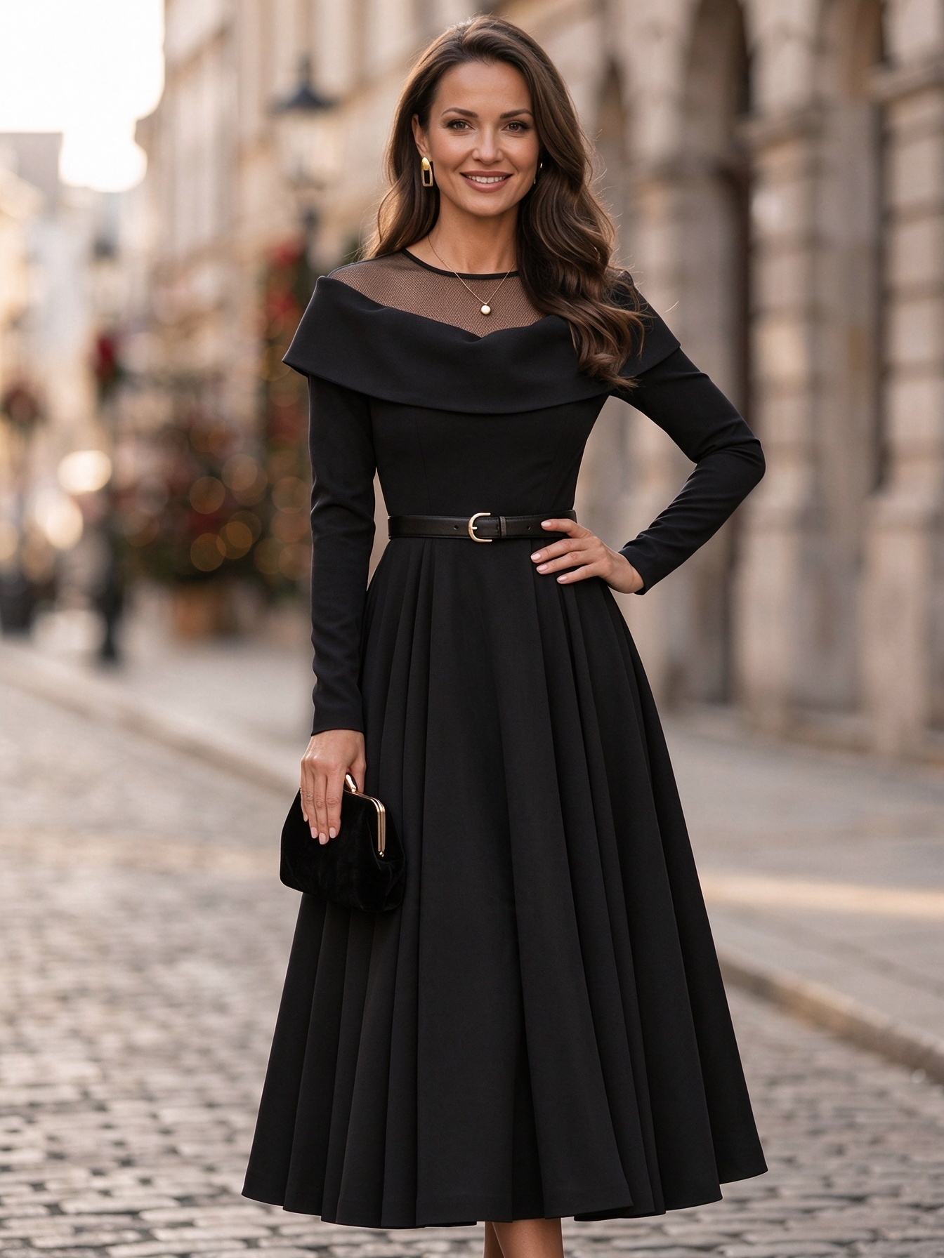 Navy Off Shoulder Long Sleeve Waist Belt A-Line Midi Dress