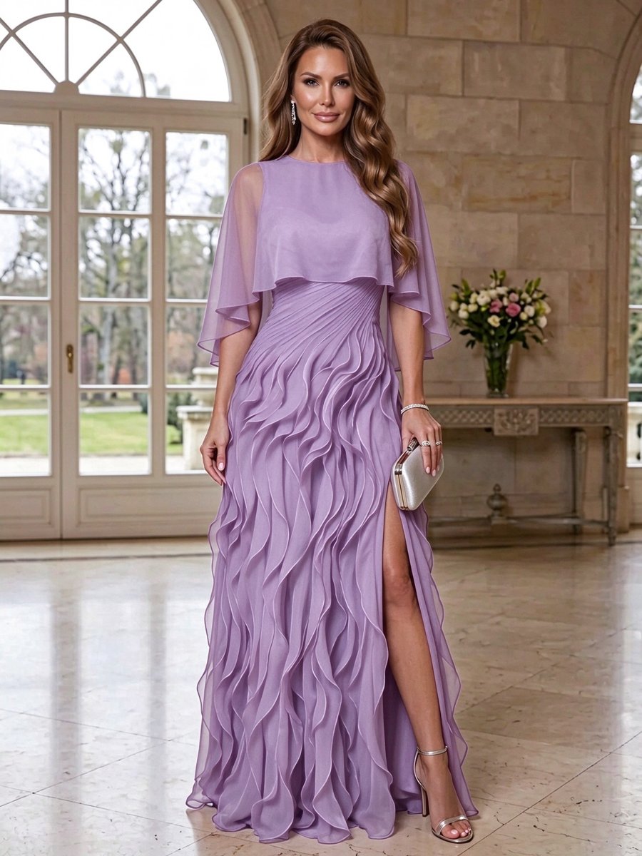 Red Chiffon Round Neck Short Sleeve Ruffle Slit A-Line Maxi Dress