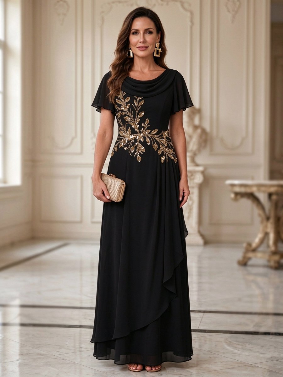 Ivory Chiffon Cowl Neck Short Sleeve Embroidered A-Line Maxi Dress