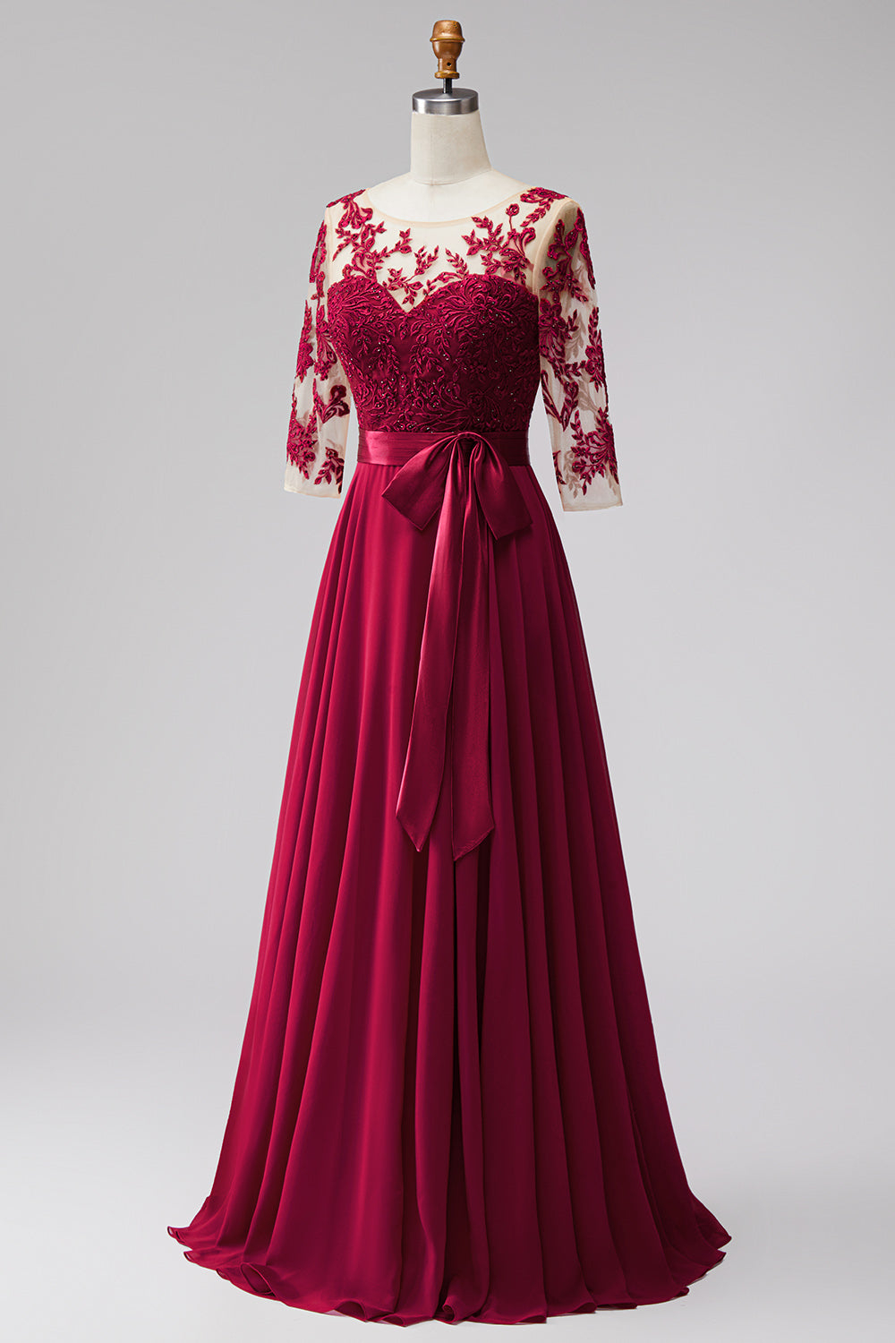 Burgundy Sweetheart Lace Mesh 3/4 Sleeve Satin Belt Chiffon Maxi Dress