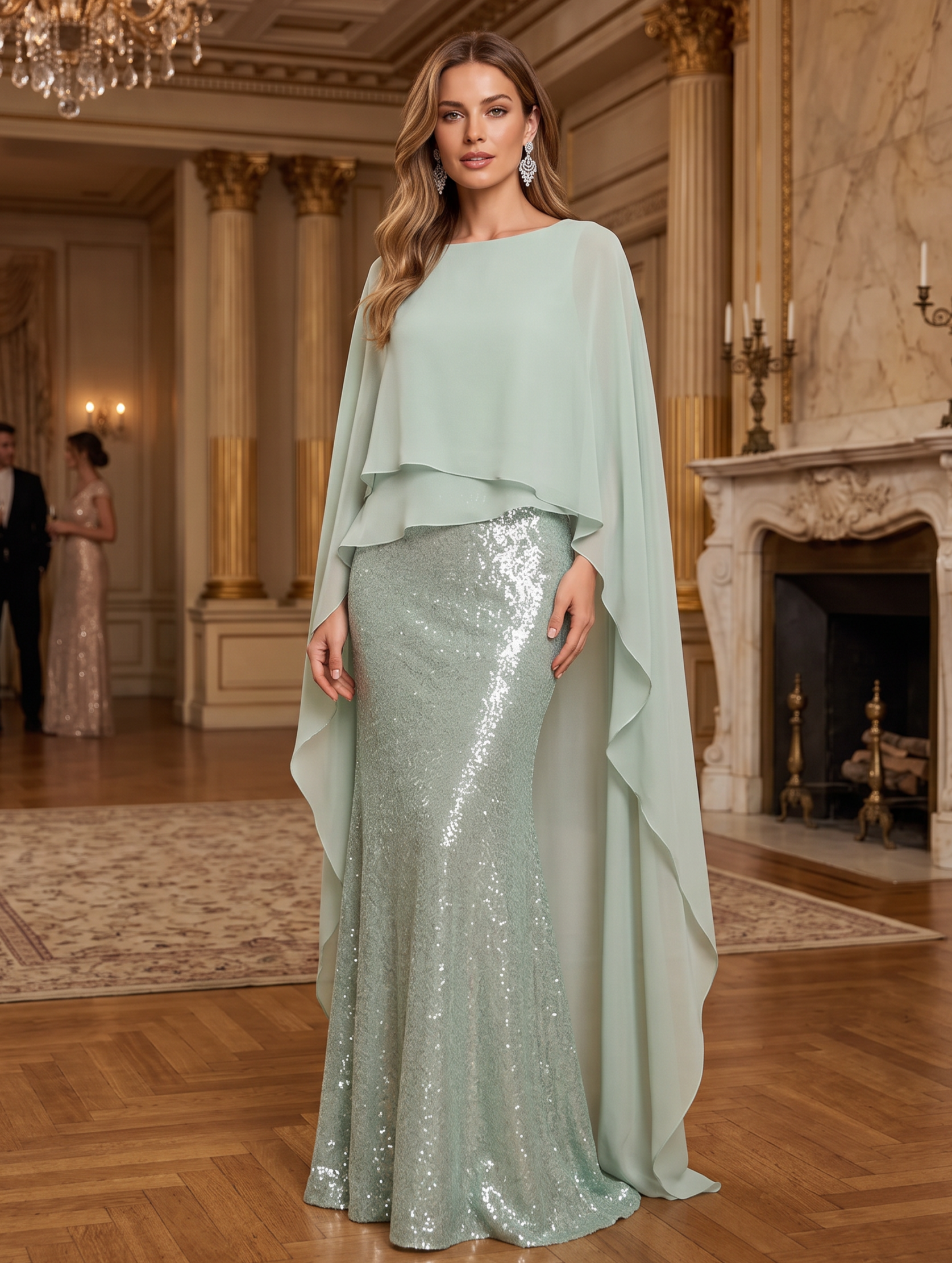 Mint Green Chiffon Cape Sequin Mermaid Maxi Dress