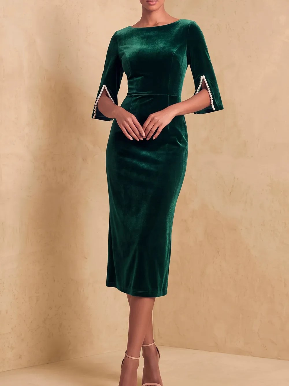 Burgundy Velvet Boat Neck Pearl Trimmed Tea-Length Midi Dress