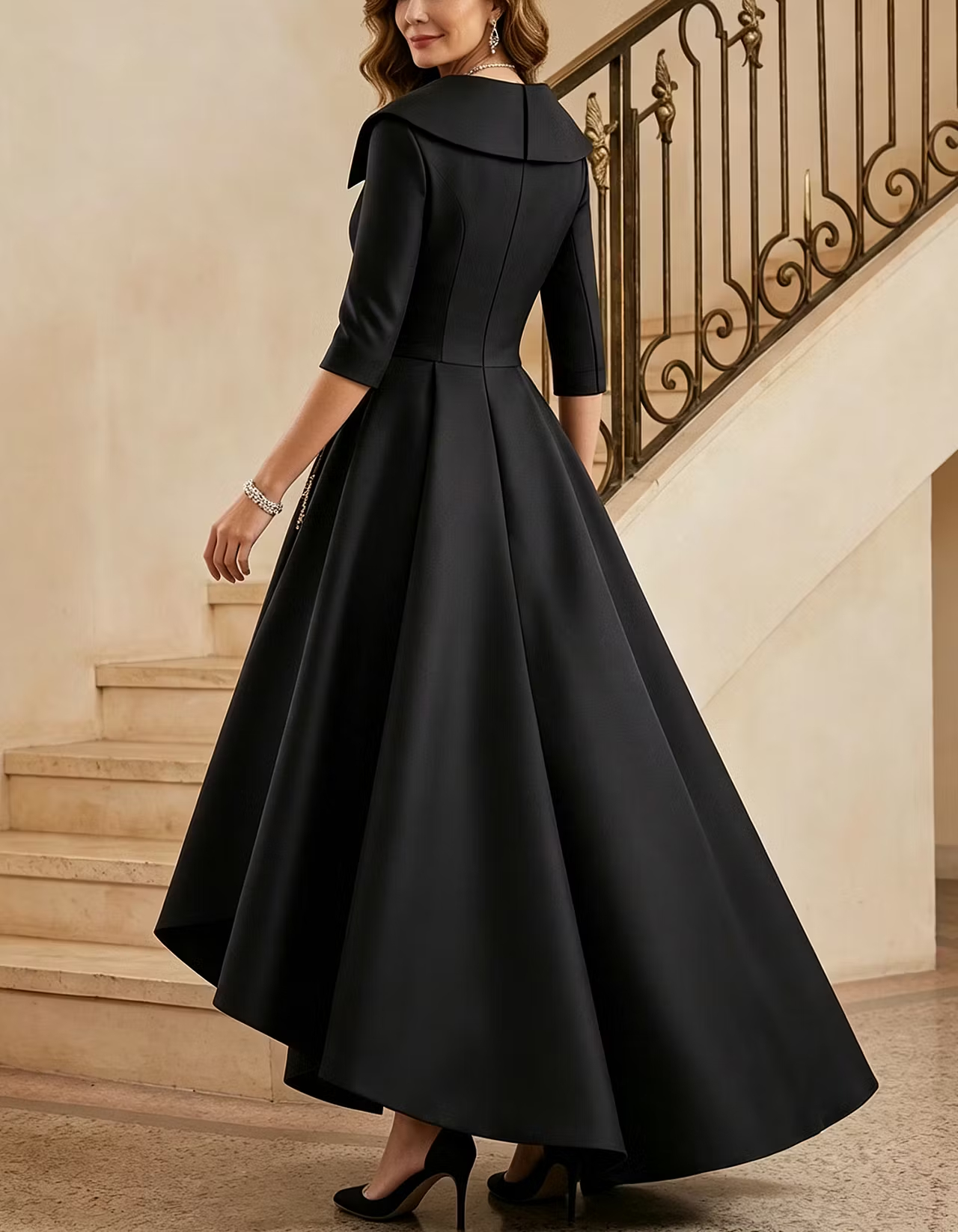 Black Satin V Neck 3/4 Sleeve Lapel High Low Maxi Dress