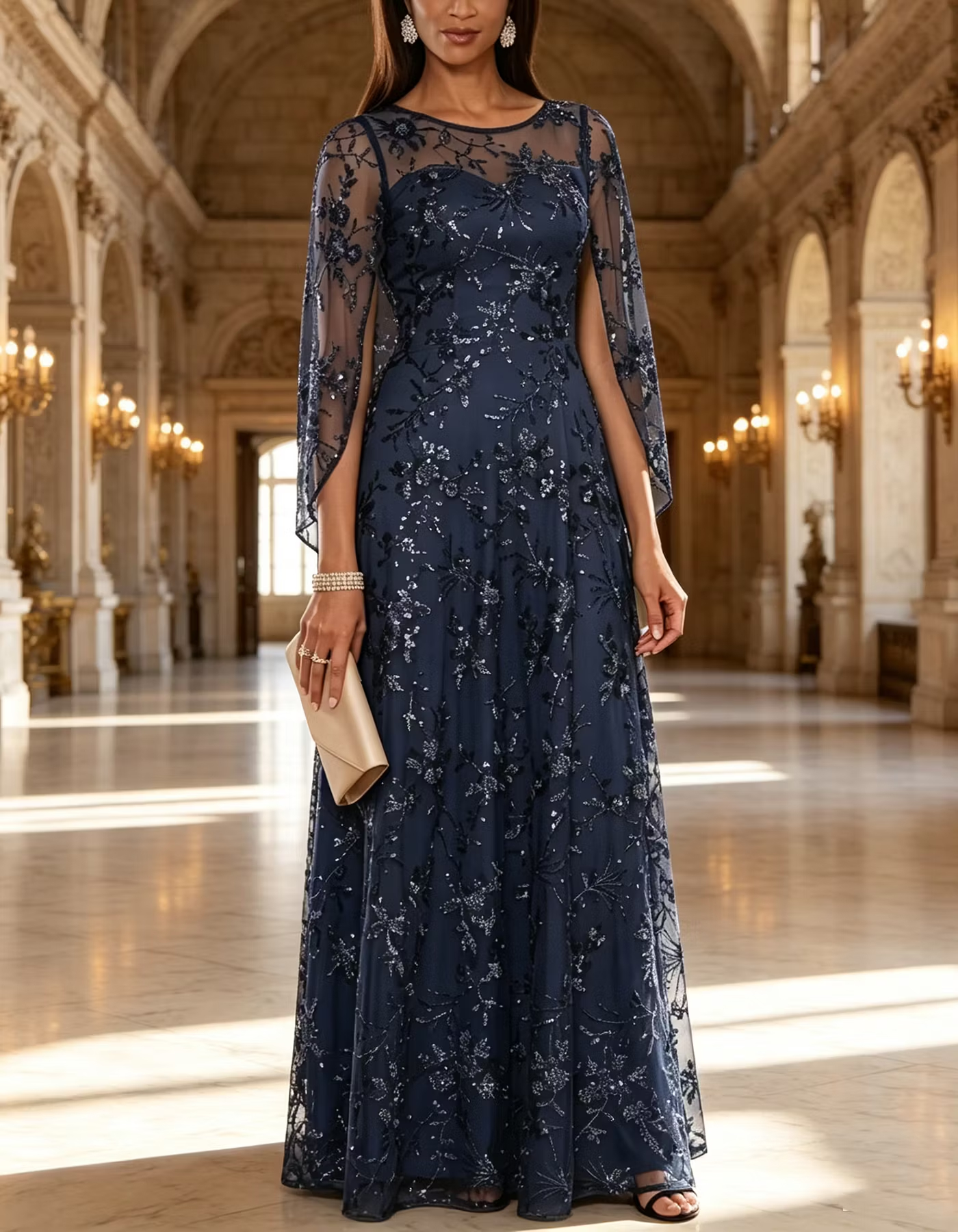 Navy Blue Round Neck Sheer Sleeve Sequin Floral A-Line Maxi Dress