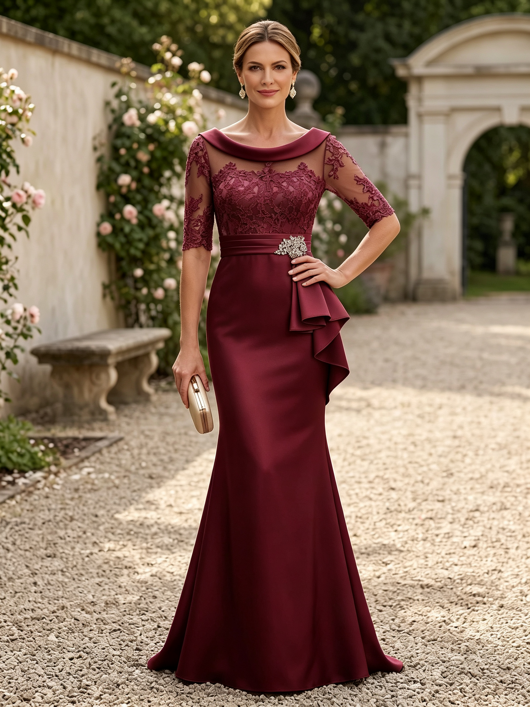 Dusty Rose Boat Neck Lace Sleeve Beaded Waistband Mermaid Maxi Dress