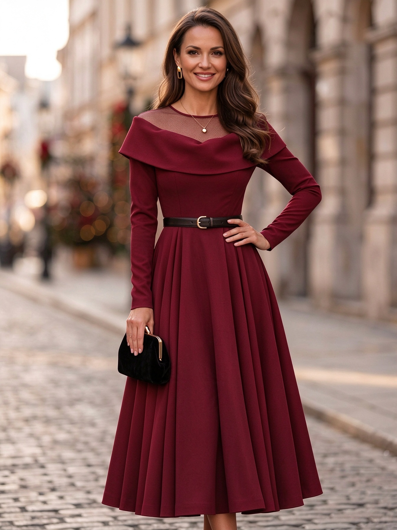 Navy Off Shoulder Long Sleeve Waist Belt A-Line Midi Dress