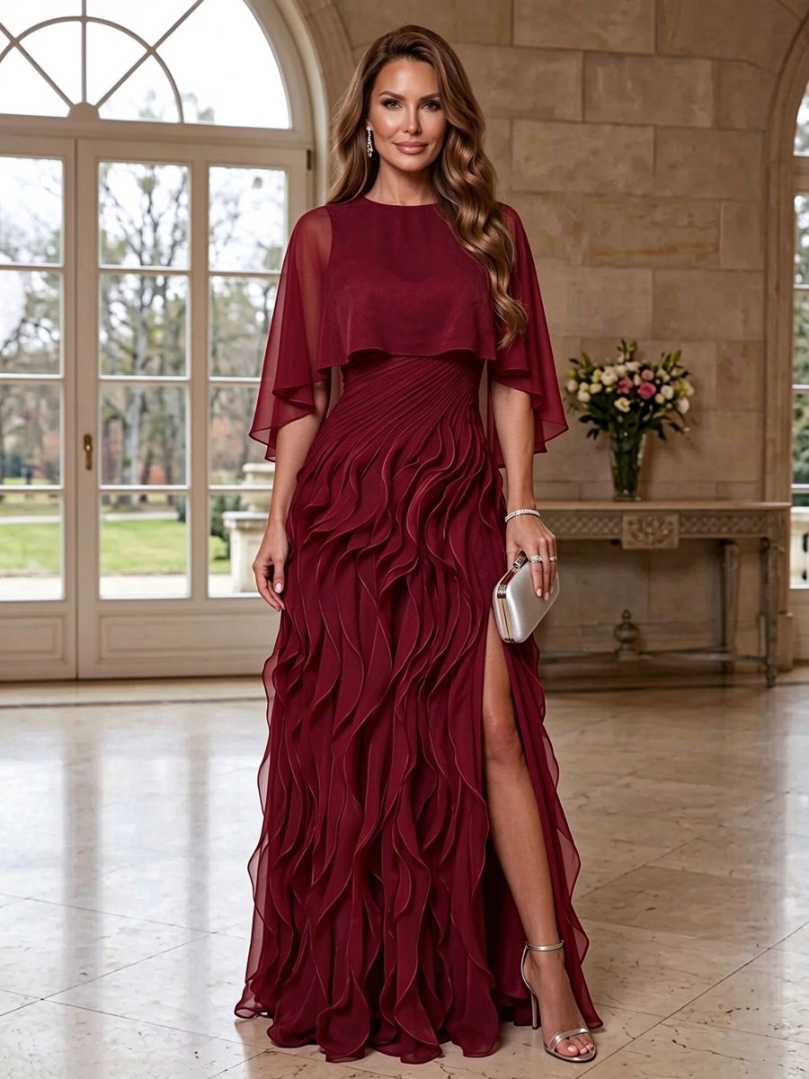 Red Chiffon Round Neck Short Sleeve Ruffle Slit A-Line Maxi Dress