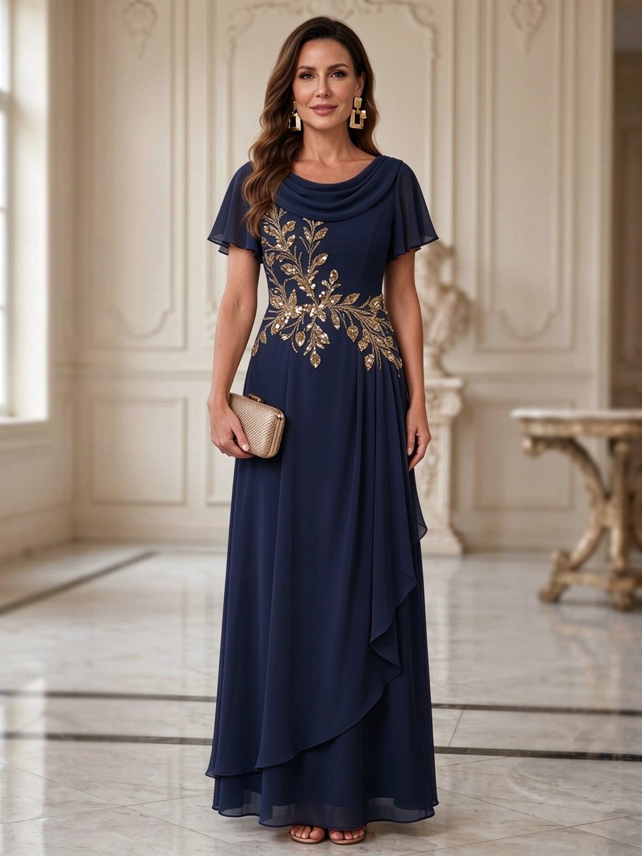Ivory Chiffon Cowl Neck Short Sleeve Embroidered A-Line Maxi Dress