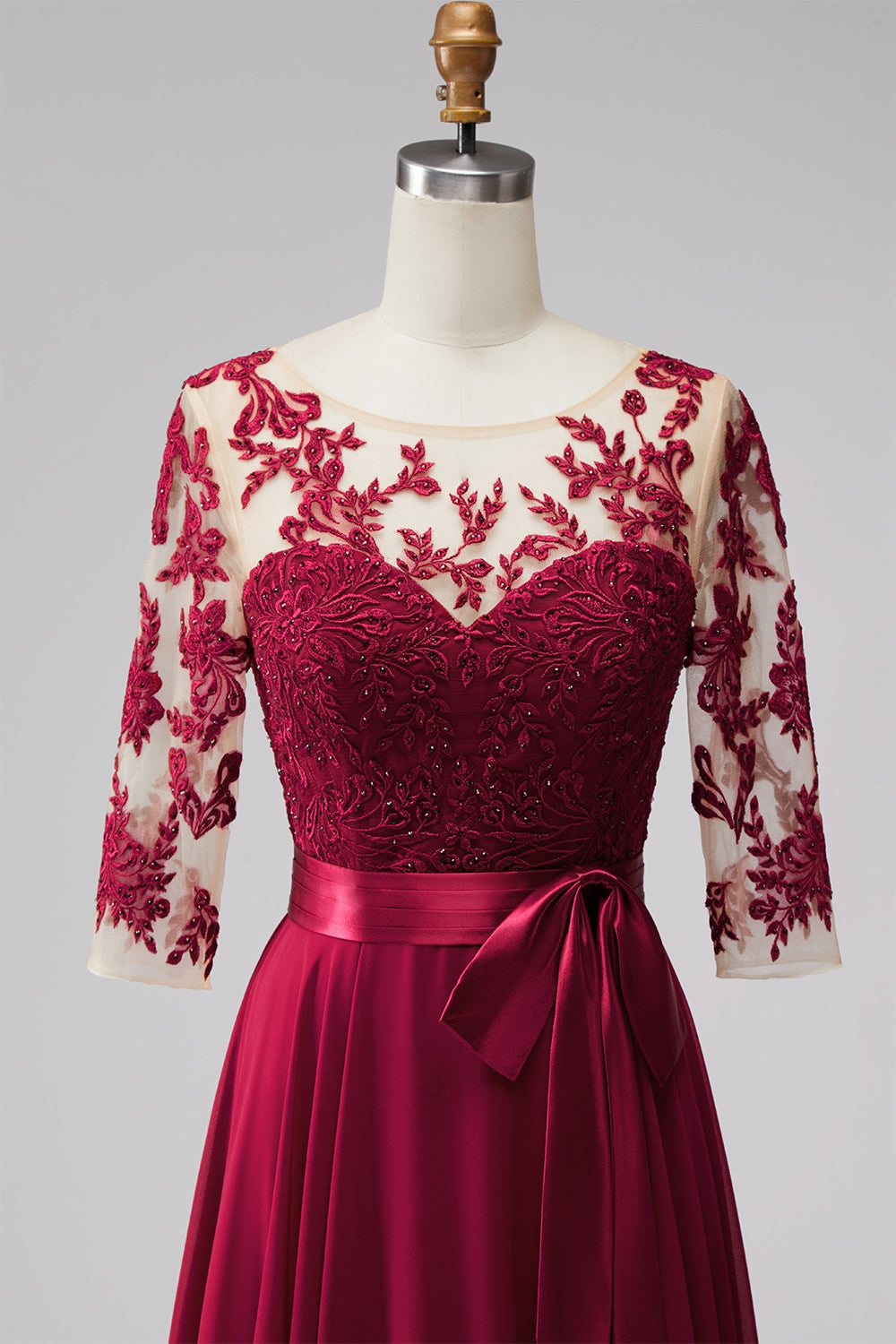 Burgundy Sweetheart Lace Mesh 3/4 Sleeve Satin Belt Chiffon Maxi Dress