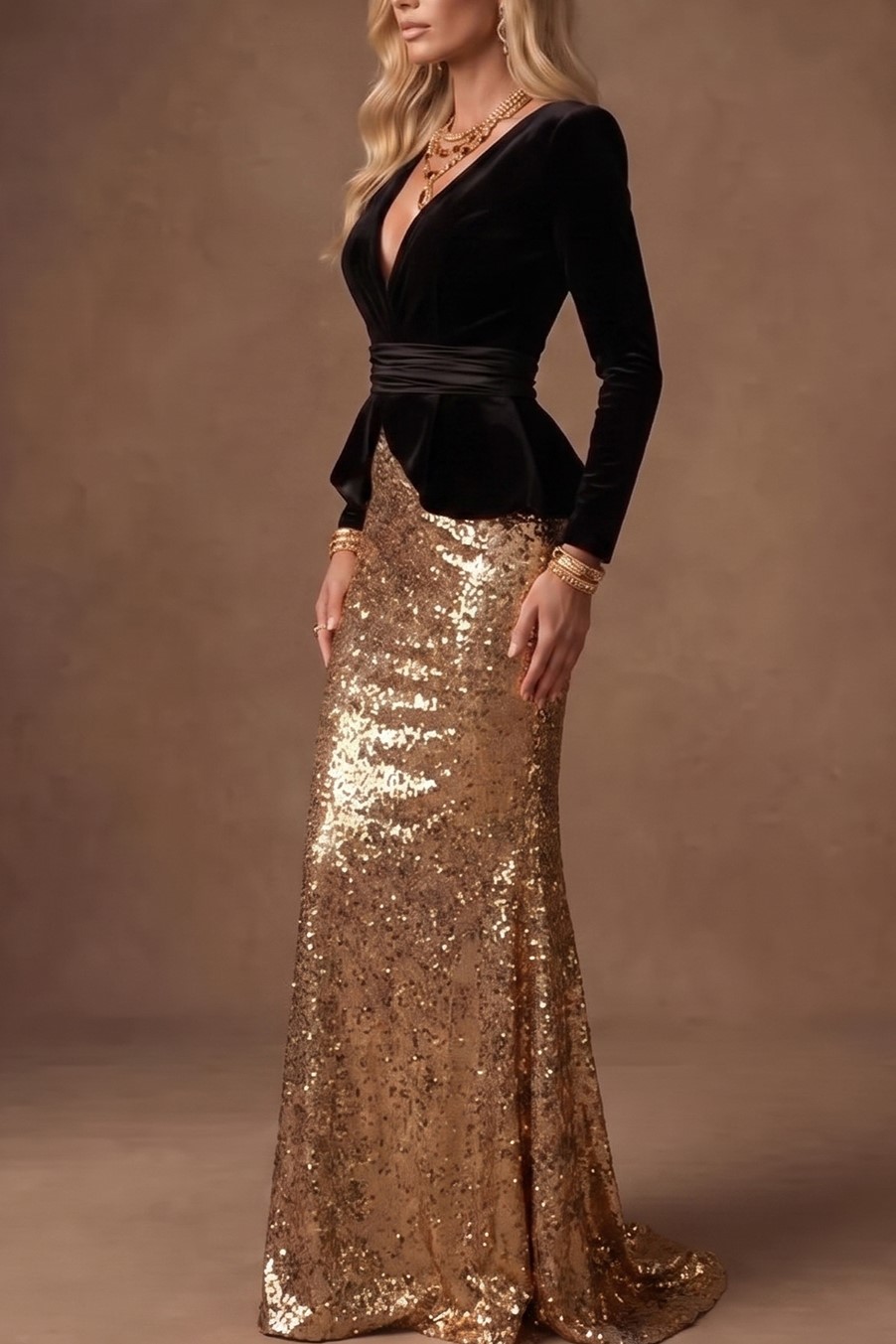 Black‑Gold Velvet Sequin Peplum Mermaid Floor‑Length Formal Dress