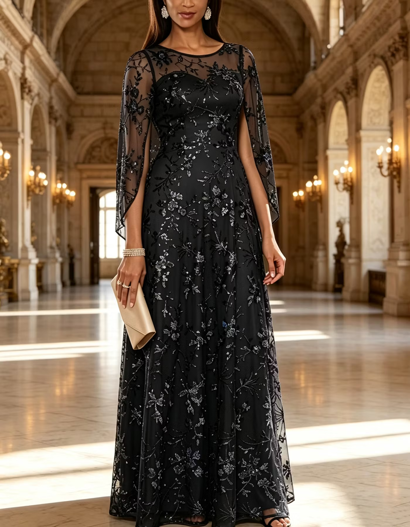 Navy Blue Round Neck Sheer Sleeve Sequin Floral A-Line Maxi Dress