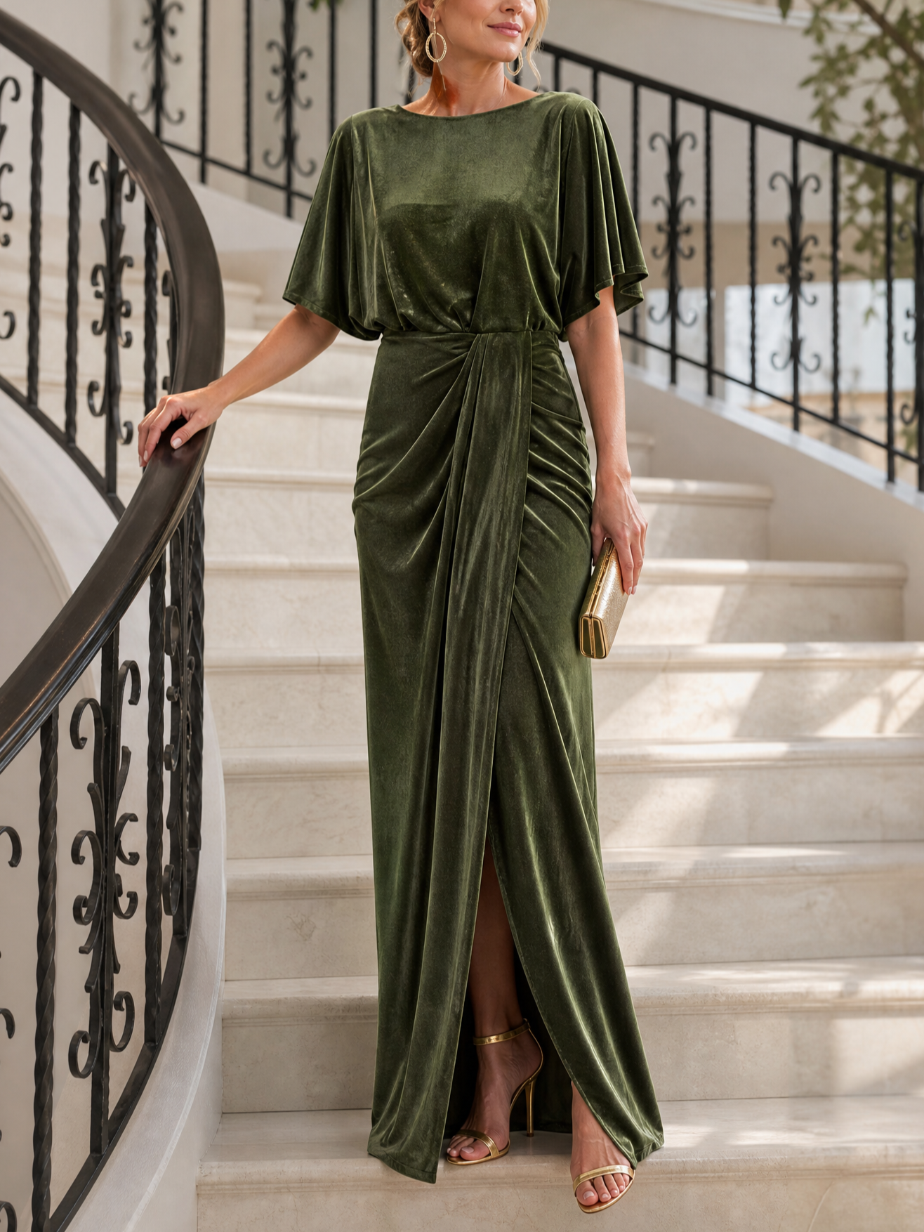 Olive Green Velvet Flutter-Sleeve Round Neckline Maxi Evening Gown Dress With Slit