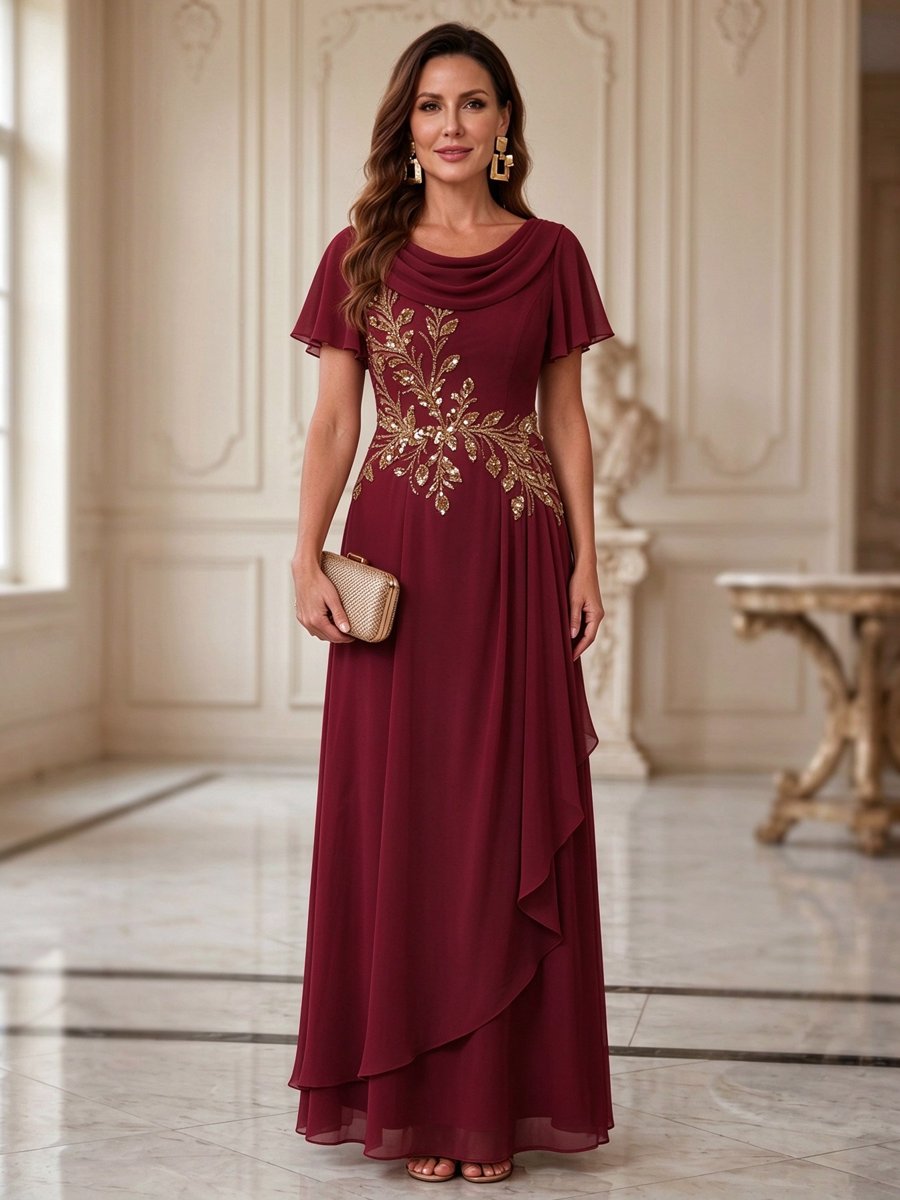 Ivory Chiffon Cowl Neck Short Sleeve Embroidered A-Line Maxi Dress