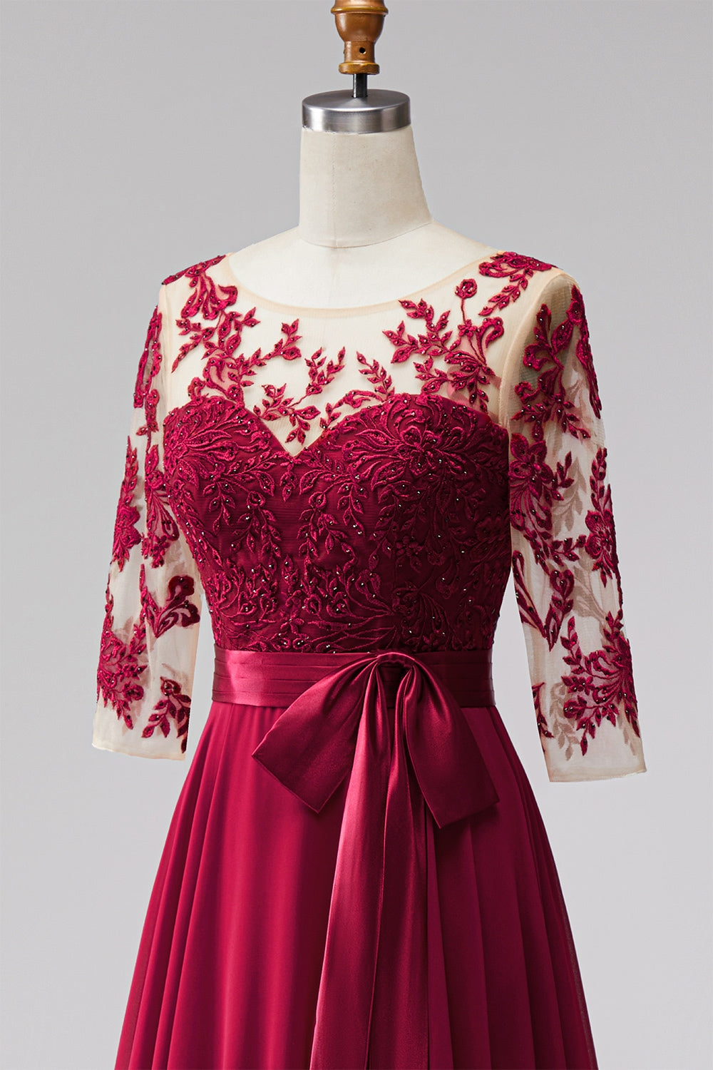 Burgundy Sweetheart Lace Mesh 3/4 Sleeve Satin Belt Chiffon Maxi Dress