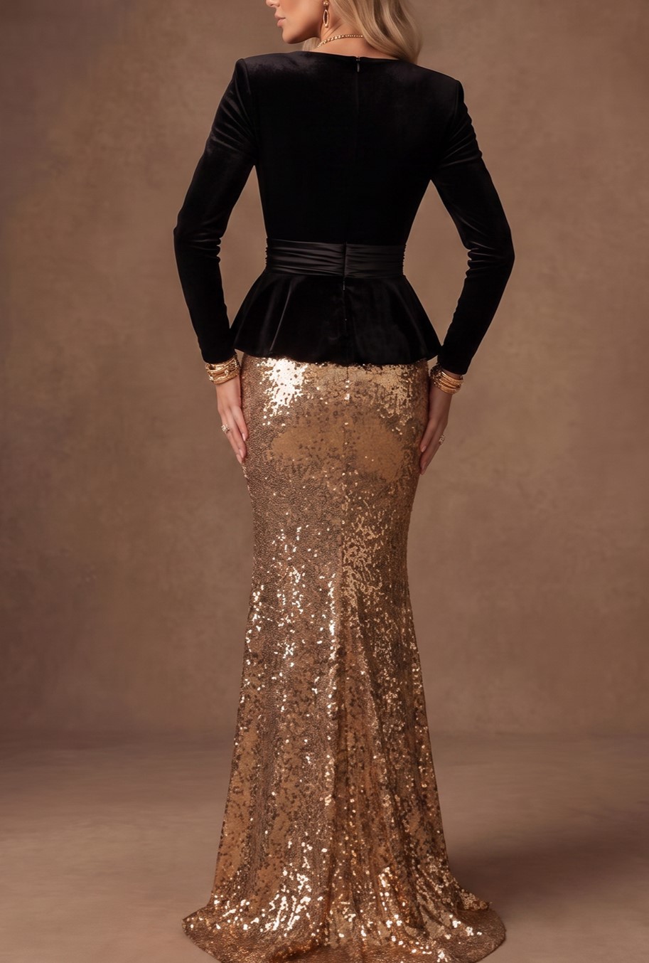 Black‑Gold Velvet Sequin Peplum Mermaid Floor‑Length Formal Dress