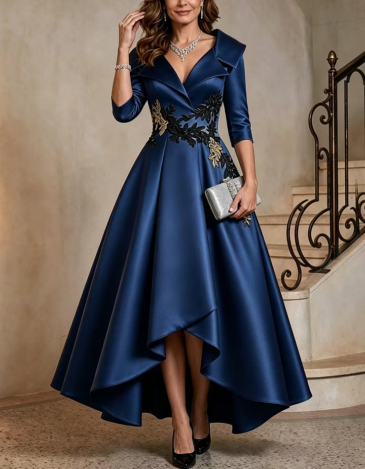 Black Satin V Neck 3/4 Sleeve Lapel High Low Maxi Dress
