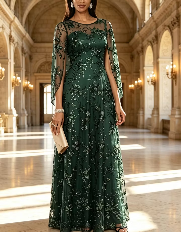 Navy Blue Round Neck Sheer Sleeve Sequin Floral A-Line Maxi Dress