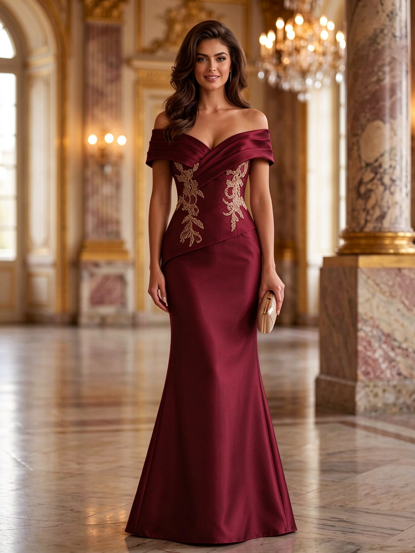 Dusty Rose Off Shoulder Gold Embroidery Mermaid Maxi Dress