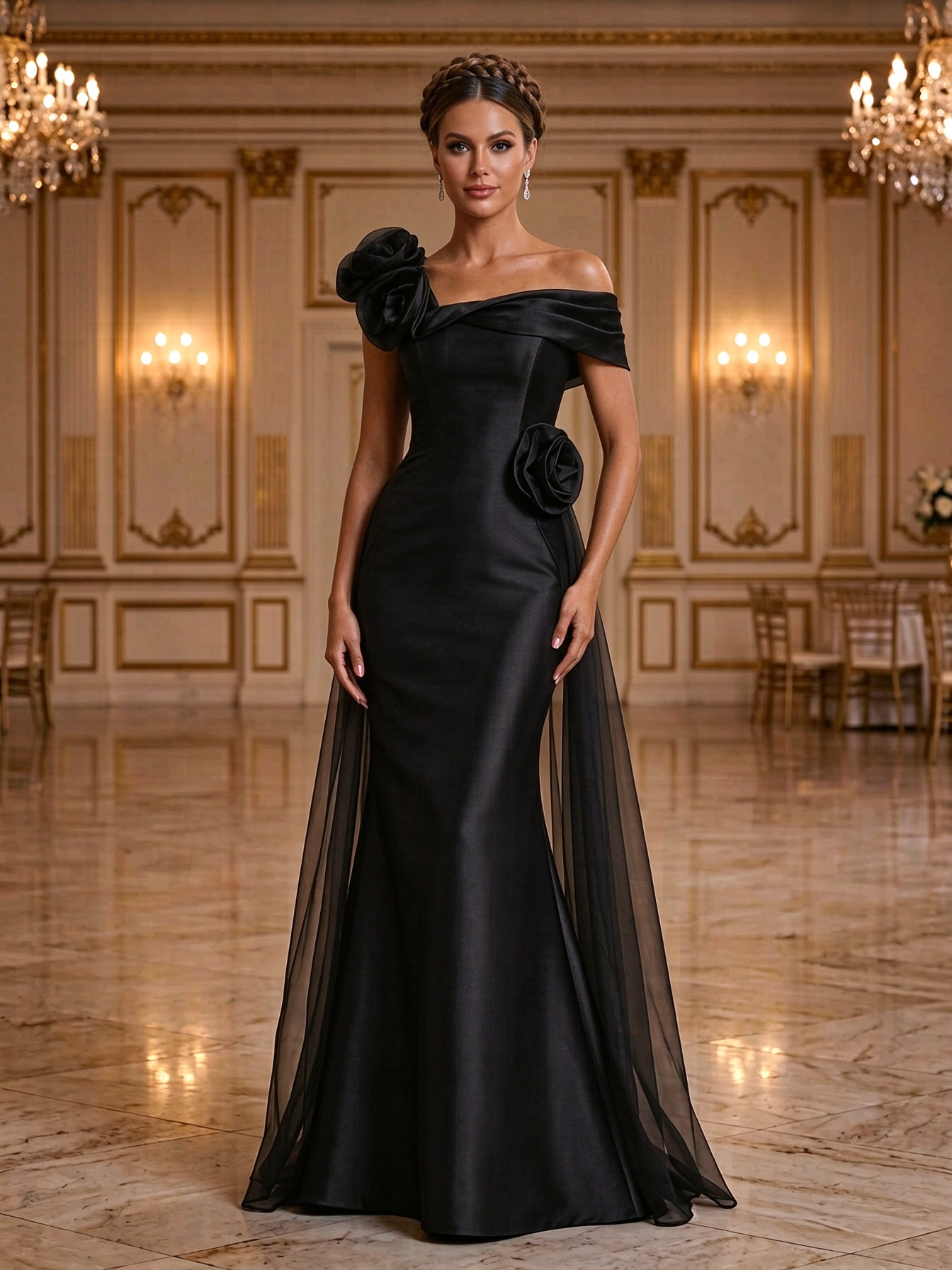 Burgundy Off Shoulder Floral Applique Tulle Mermaid Maxi Dress