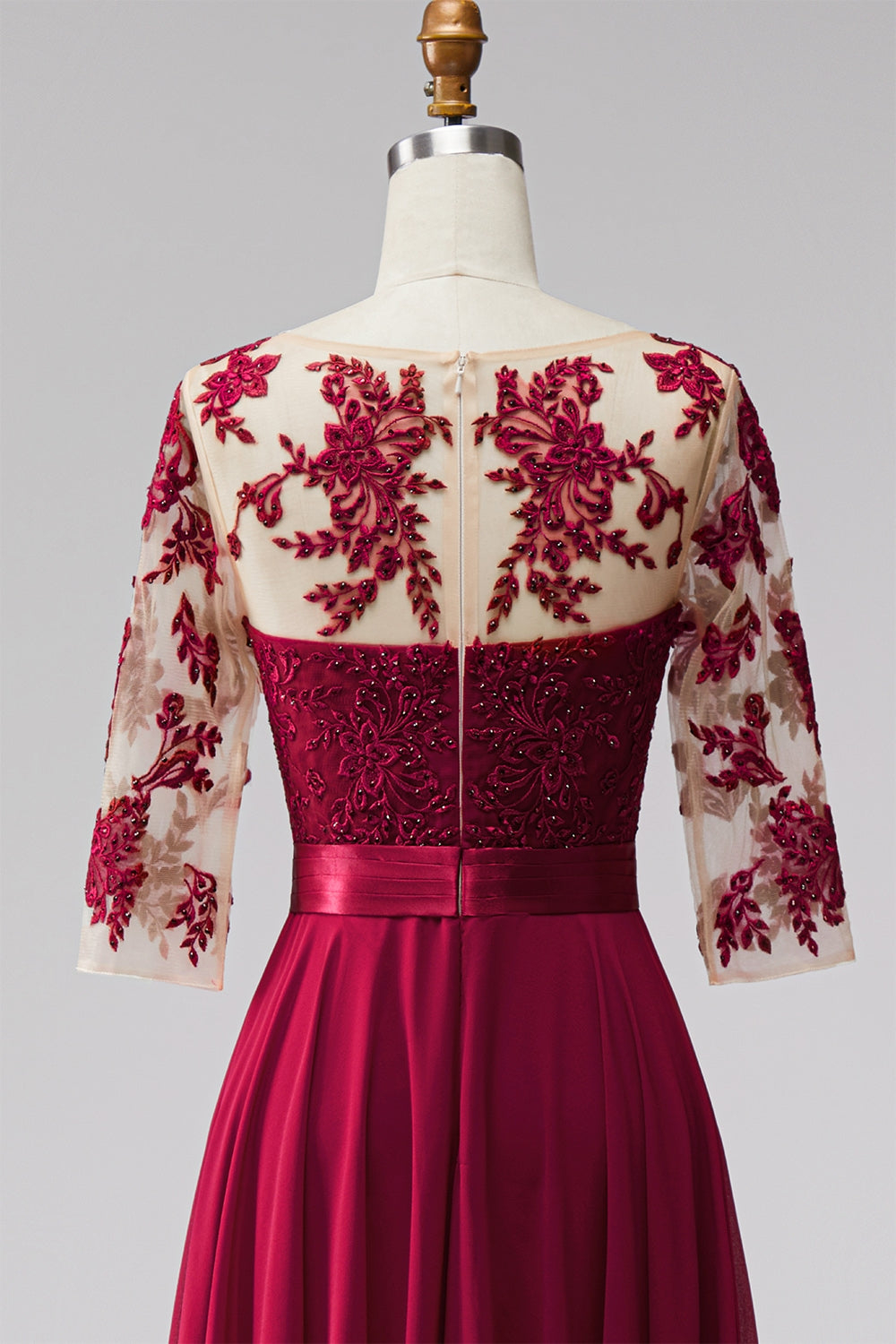 Burgundy Sweetheart Lace Mesh 3/4 Sleeve Satin Belt Chiffon Maxi Dress