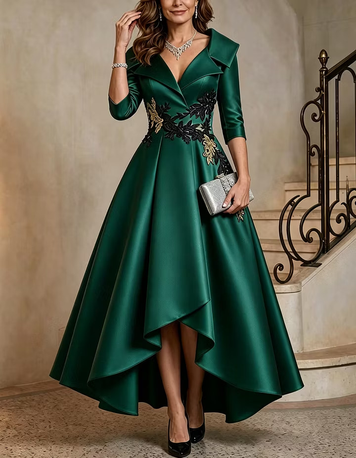 Black Satin V Neck 3/4 Sleeve Lapel High Low Maxi Dress