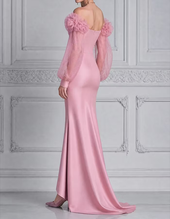 Pink Sweetheart Off‑Shoulder 3D Floral Puff Tulle Sleeve Satin Mermaid Maxi Dress
