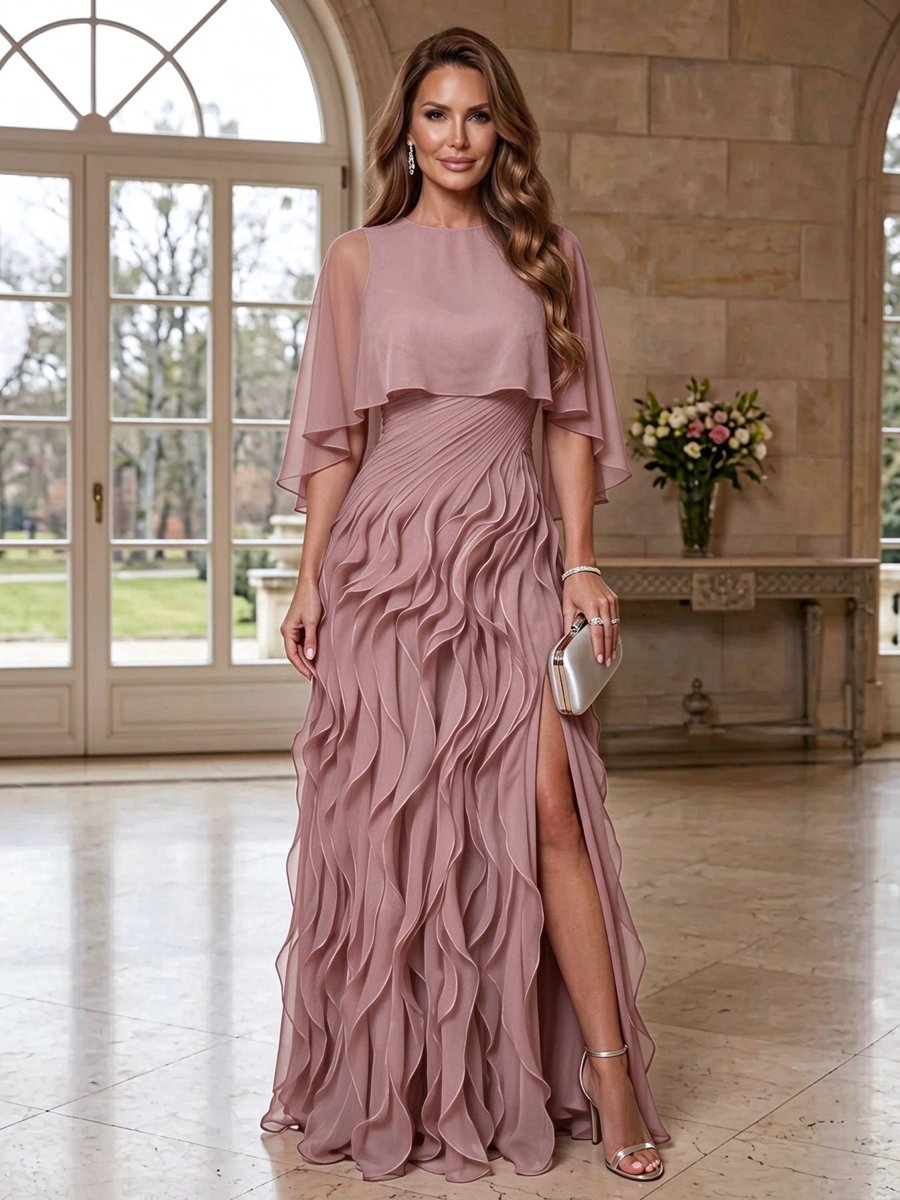 Red Chiffon Round Neck Short Sleeve Ruffle Slit A-Line Maxi Dress