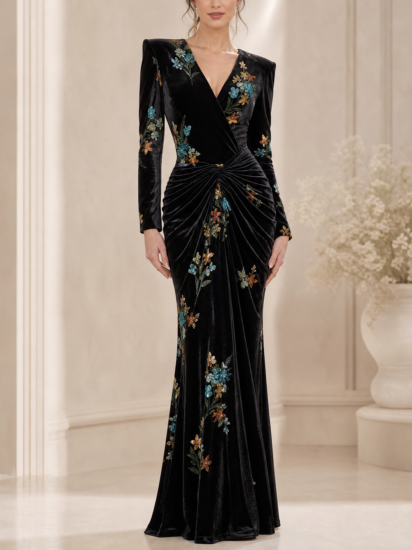 Black Embroidered Floral Velvet Long-Sleeve Mermaid Floor-Length Gown Dress